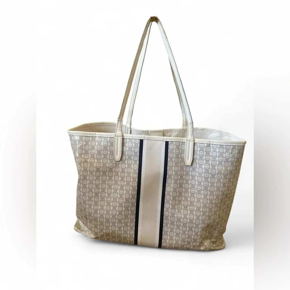Tory Burch Gemini Link Coated Canvas Tote – White/Ivory & Gray Stripe